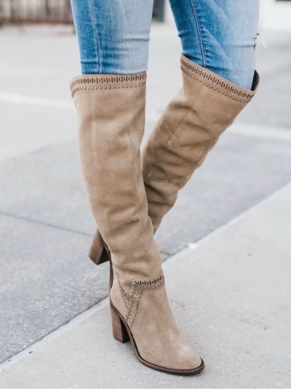 Vince Camuto Madolee Taupe Suede Over-the-Knee Block Heel Boots